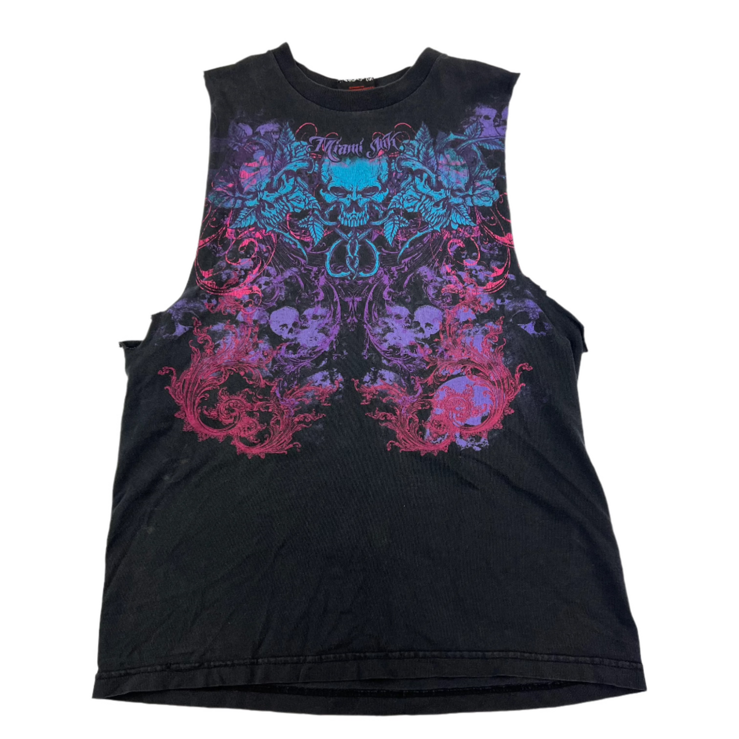 Miami Ink Skull Purple Pink Blue Cutoff Shirt - M