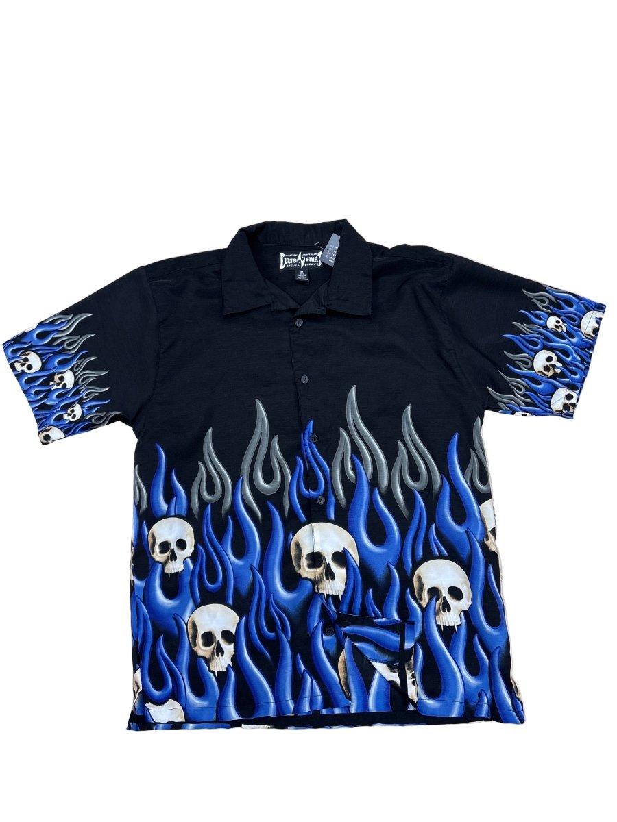 Blue Flame Skull Button Up - Medium - ALL GOODS - ALL GOODS