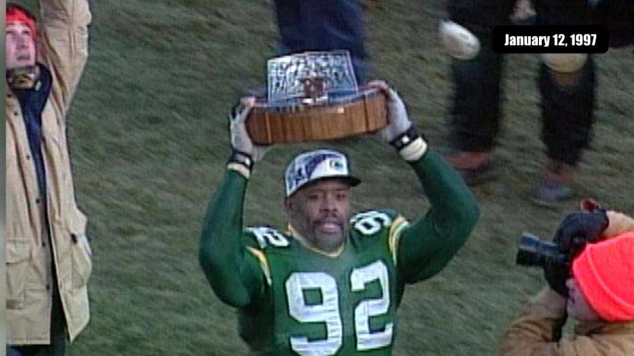 Green Bay Packers champion lifting the trophy, January 12 1997