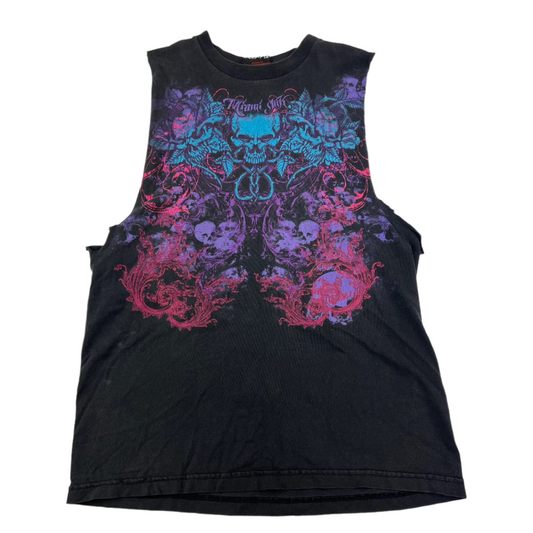 Miami Ink Skull Purple Pink Blue Cutoff Shirt - M