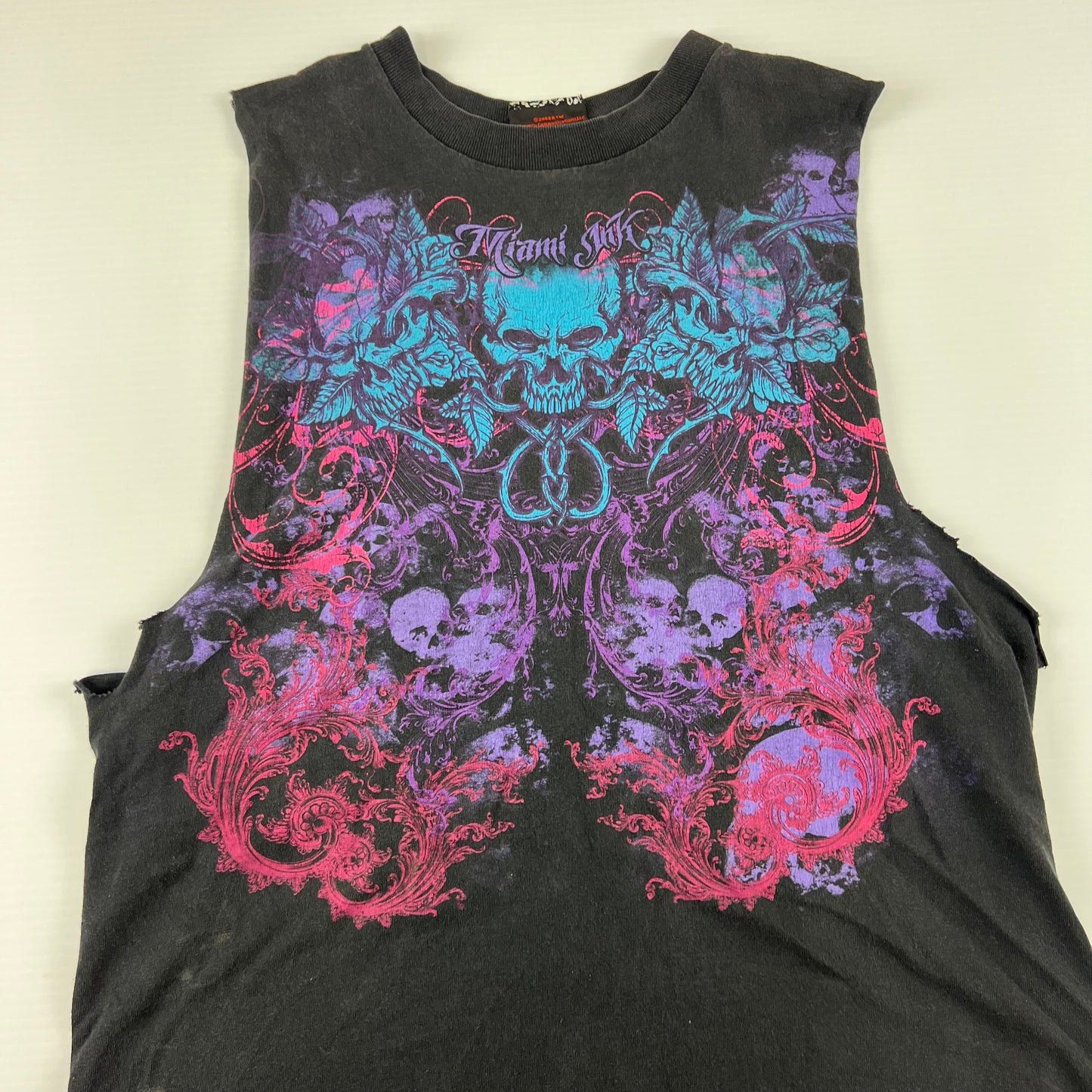 Miami Ink Skull Purple Pink Blue Cutoff Shirt - M