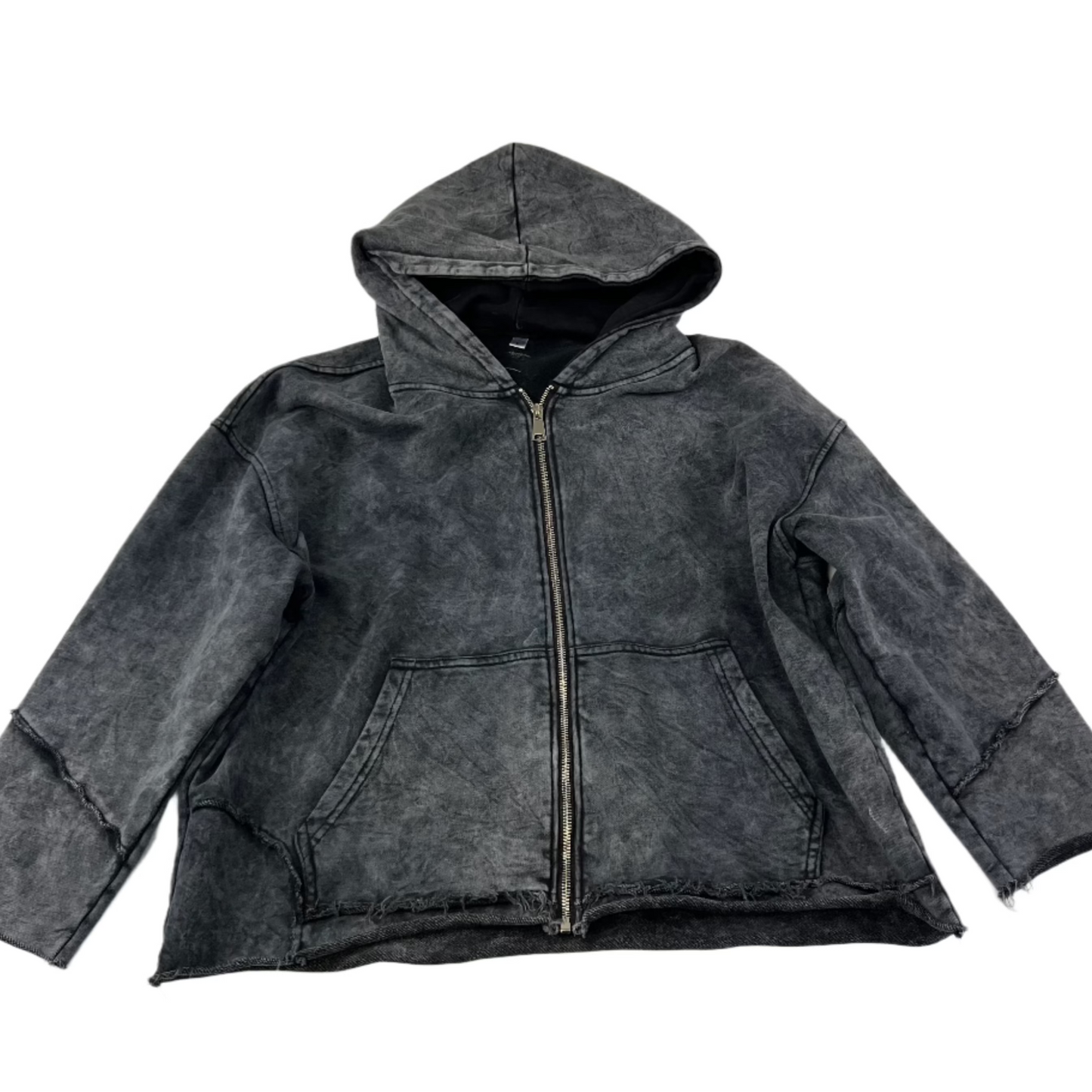 Streetwear Acid Wash Ashy Gray Zip Up Hoodie - L