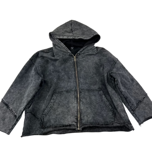 Streetwear Acid Wash Ashy Gray Zip Up Hoodie - L