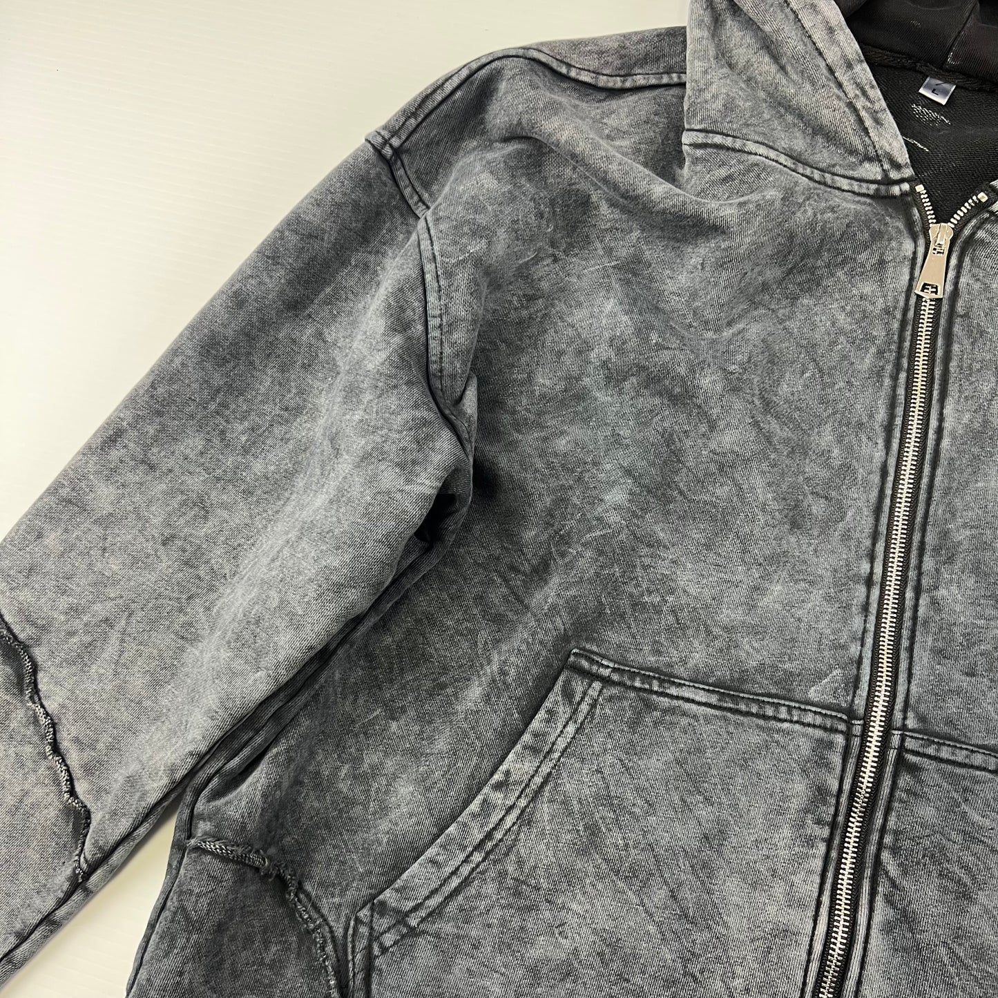 Streetwear Acid Wash Ashy Gray Zip Up Hoodie - L