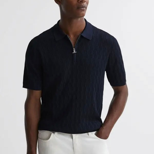 Reiss Navy Blue Textured Half Zip Polo Shirt - L